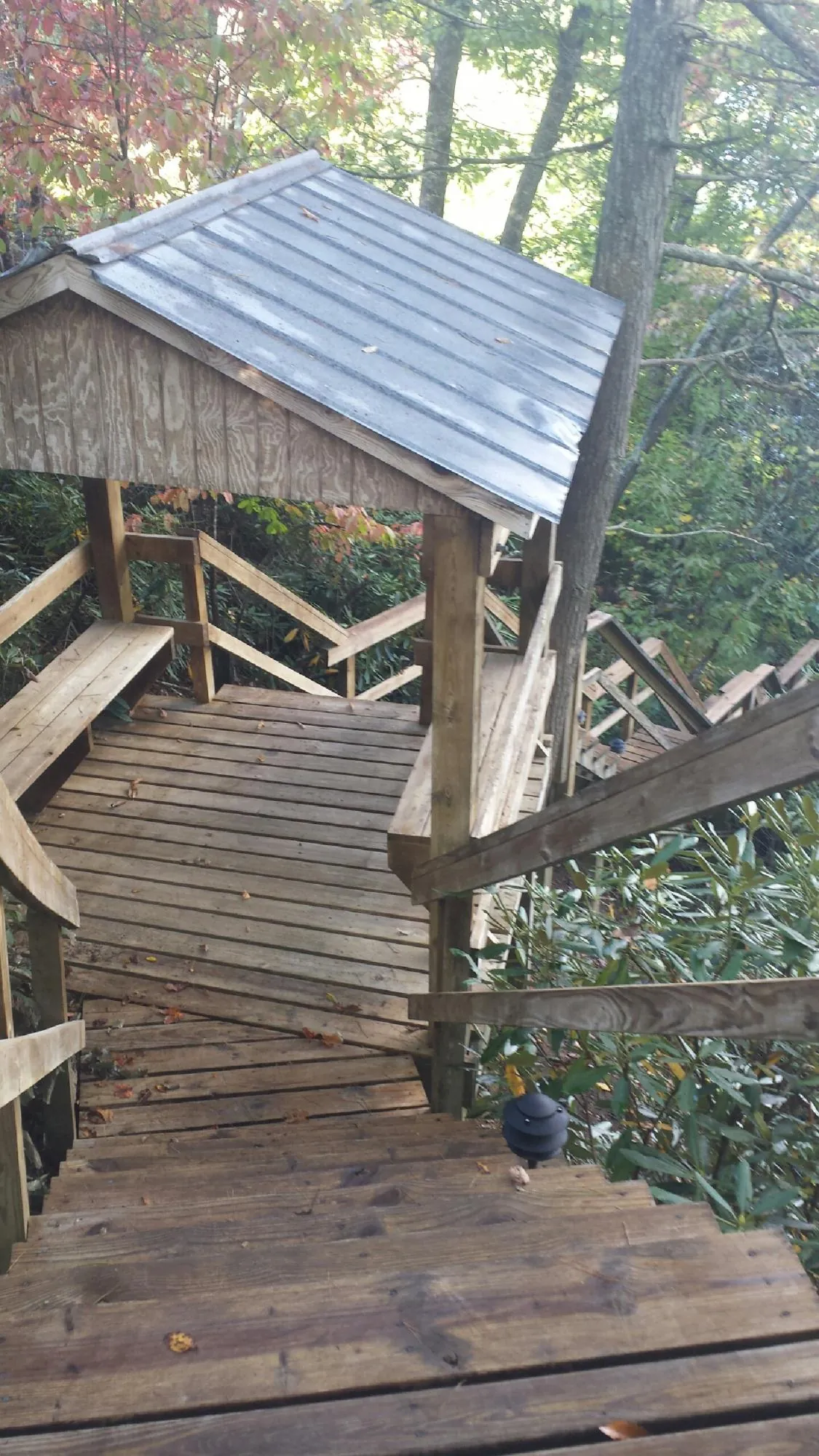 Metal roofed shelter over wooden steps on a wooded walkway — Skylight Repair & Installation work by our crew in Wood Lake